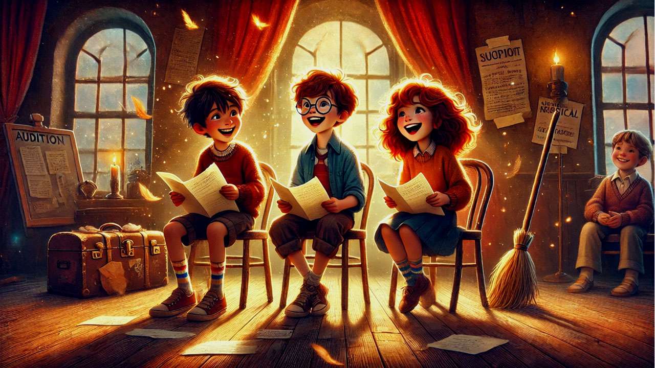 Three children sit together in a warmly lit audition room.