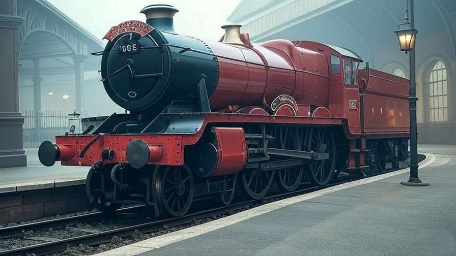 Photorealistic GWR 5972 Olton Hall as Hogwarts Express, with scarlet paint and Hogwarts crest, at a misty platform. 