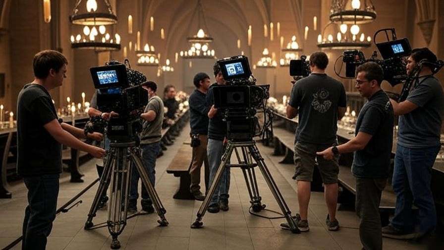 Behind-the-scenes view of a Harry Potter film set in the Great Hall, with crew members, gothic chandeliers, and a magical atmosphere.