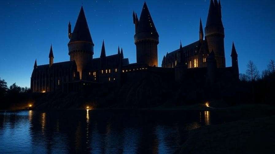 Hogwarts Castle at night with glowing windows and the Black Lake, evoking the magical setting of Severus Snape’s story in Harry Potter. 