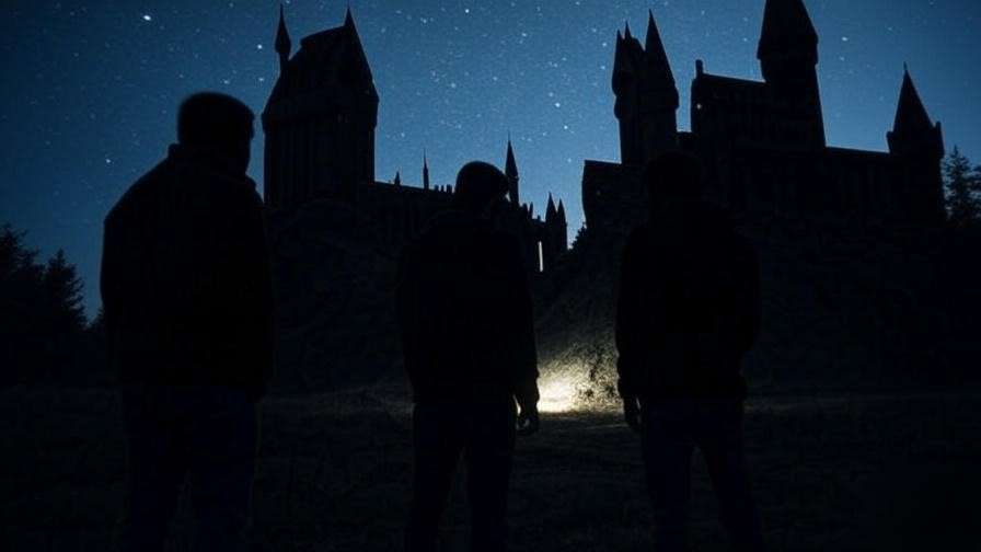 Memorial silhouettes of Fred Weasley, Remus, and Tonks at Hogwarts.