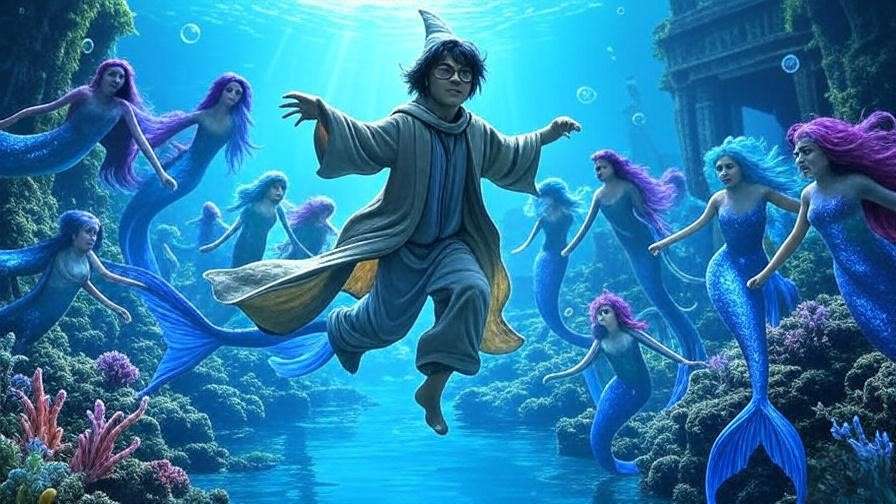 Harry Potter rescuing hostages in the Triwizard Tournament underwater scene.