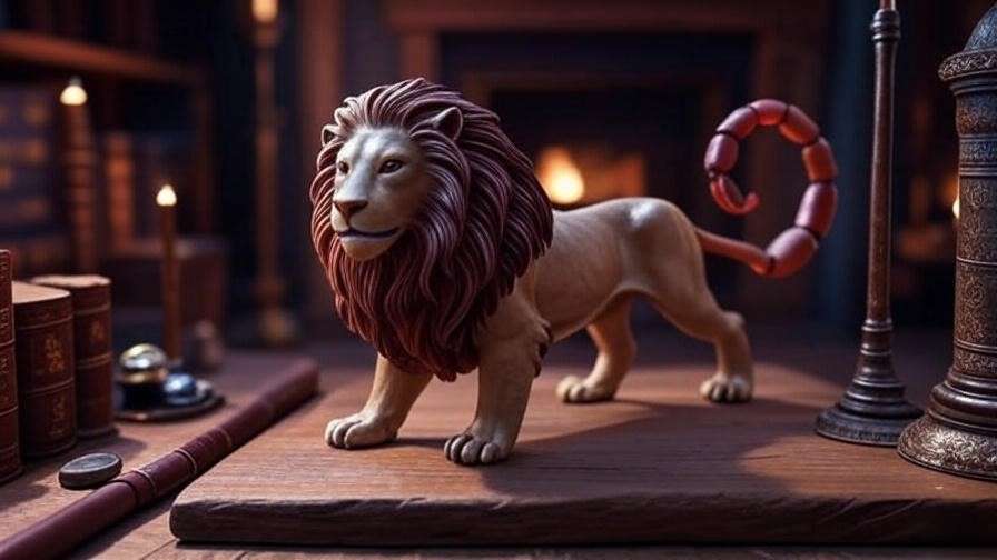 Detailed manticore figurine on display with magical artifacts, inspired by Harry Potter lore.
