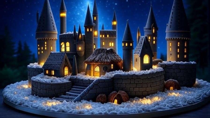 Multi-tiered Hogwarts Castle Harry Potter birthday cake with glowing windows and edible turrets, set against a starry backdrop.