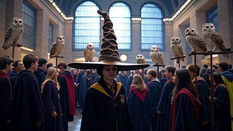 Harry Potter event at Grand Central with fans in costumes, Sorting Hat, and live owls against ornate architecture.