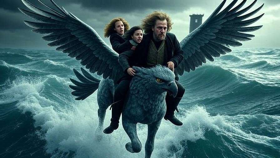 Sirius on Buckbeak escaping over stormy sea to prison tower.