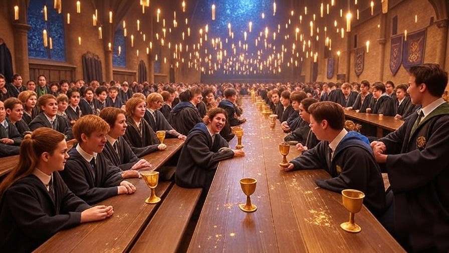 Hogwarts Great Hall with students in house robes, floating candles, and a starry enchanted ceiling, evoking the magic of Harry Potter roleplay.