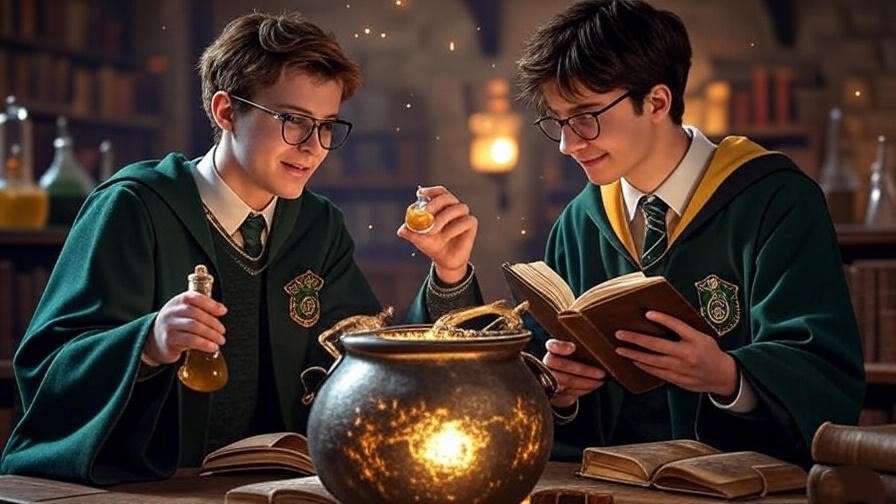 Slytherin and Hufflepuff students collaborating in a Hogwarts classroom, symbolizing friendship in the guide. 