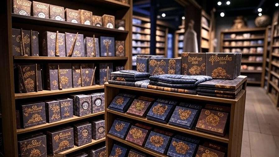 Gift shop with wands, Chocolate Frogs, and house scarves at Harry Potter Exhibition Boston.