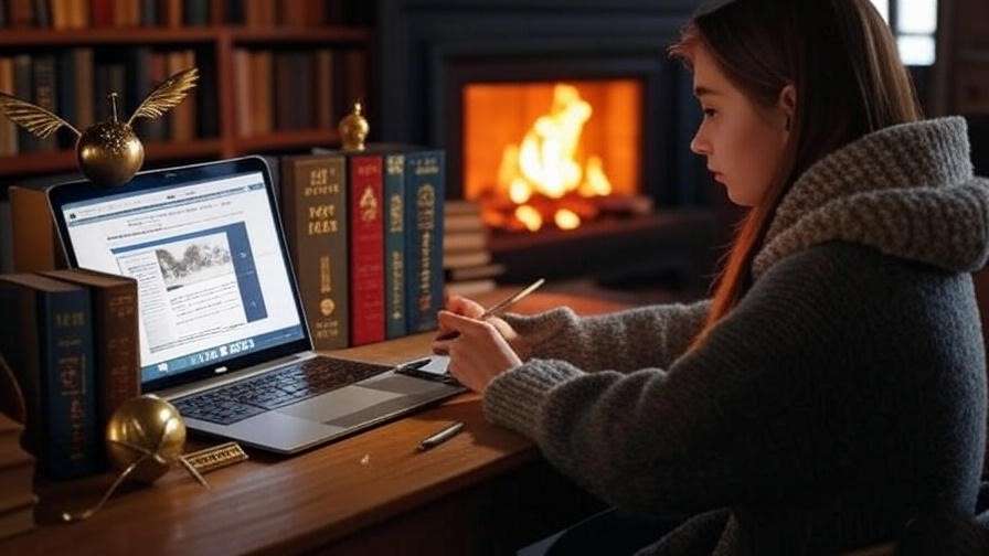 Harry Potter blogger workspace with books and a laptop, inspiring content creation for the TV series.