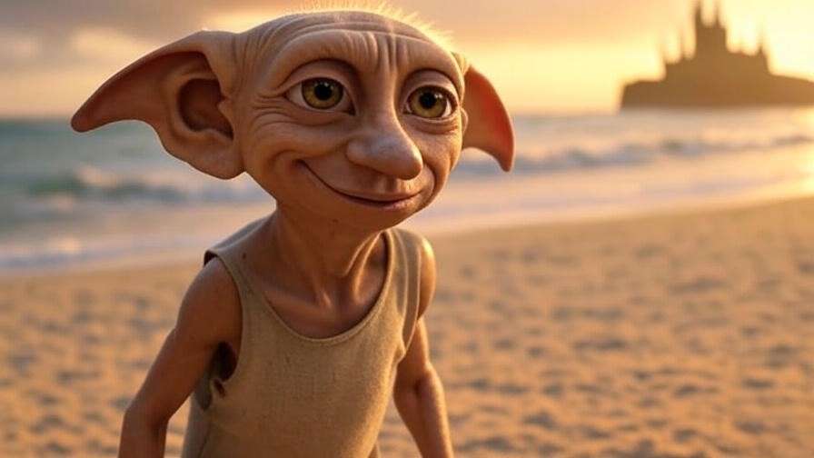 Touching beach scene of Dobby the house-elf, a freed Harry Potter character symbolizing liberty.