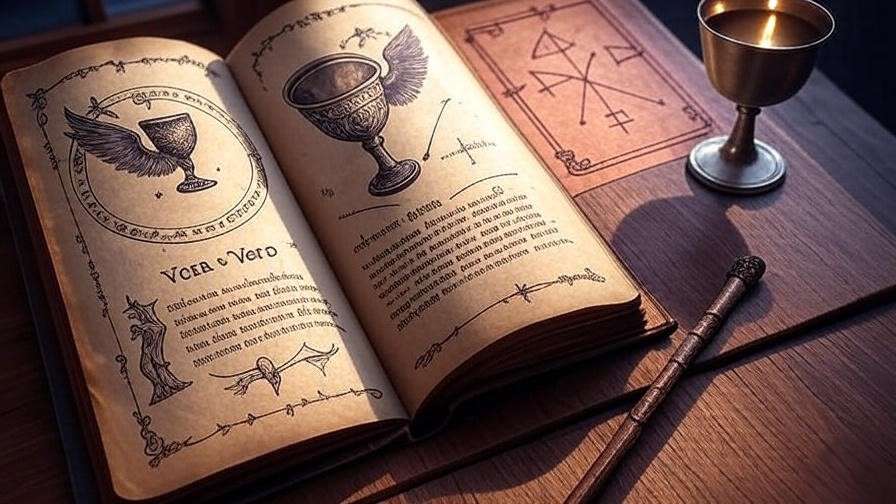 Ancient Hogwarts spellbook open to a Vera Verto page with goblet and bird illustrations, alongside a wand and goblet. 