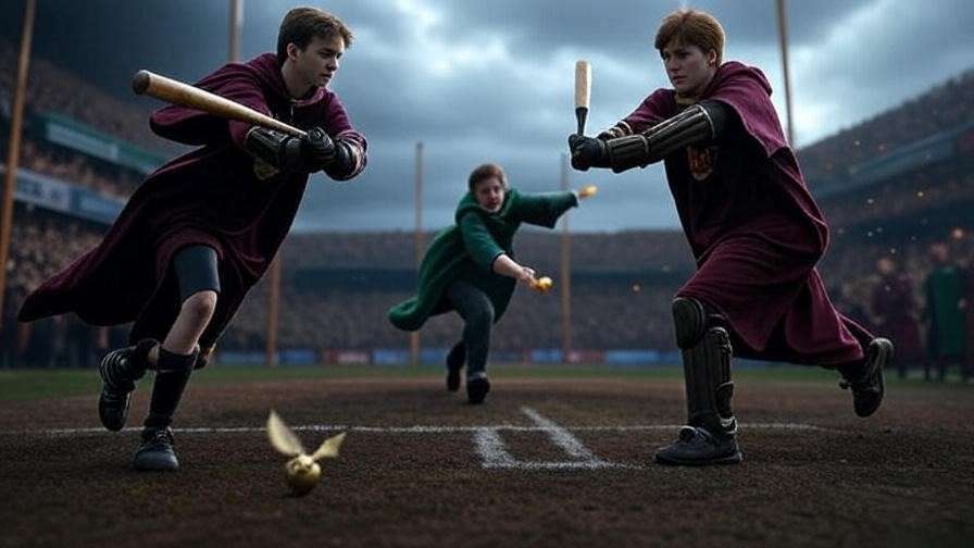 Gryffindor Quidditch Beaters striking a Bludger on a Hogwarts pitch during a match. 