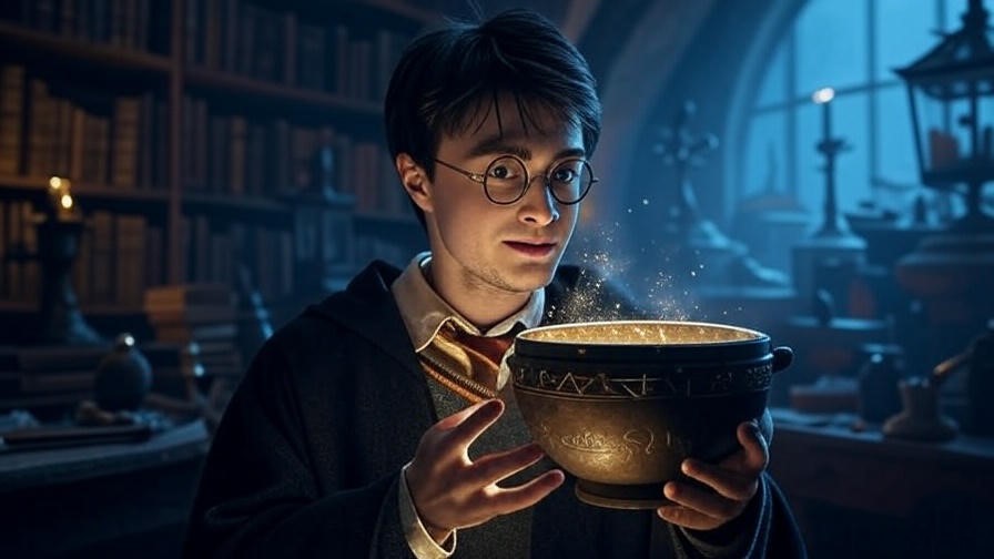 Harry Potter holding a glowing Witch Bowl Harry Potter in the Room of Requirement, surrounded by hidden wizarding artifacts.