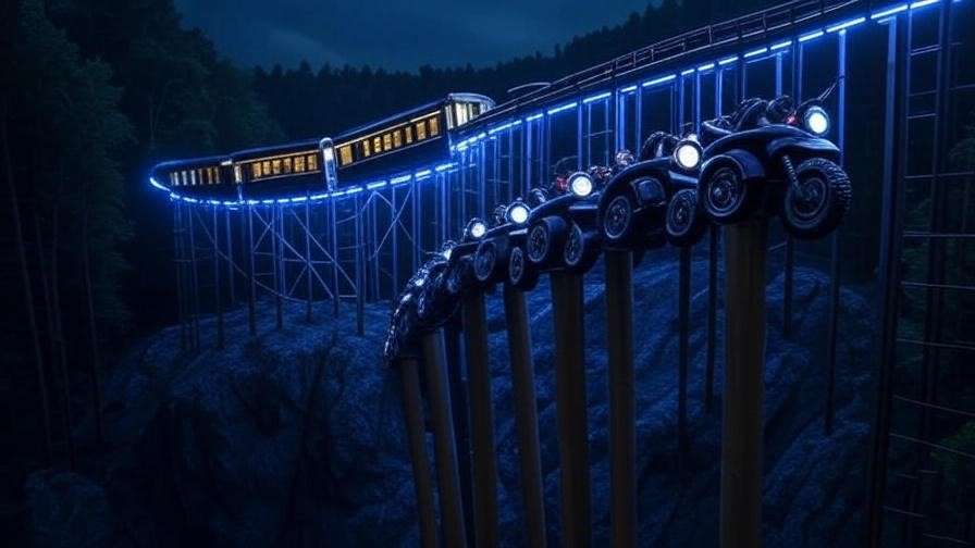 Side view of Hagrid’s Motorbike Adventure vertical spike and 17-foot drop, enhancing the speed thrill of the Harry Potter coaster. 