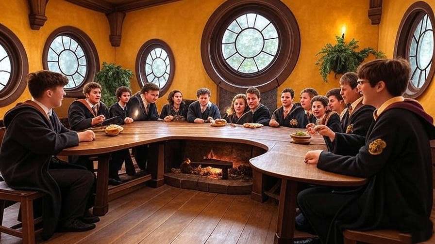 Cozy Hufflepuff common room with diverse students, reflecting loyalty in the Slytherin Hufflepuff guide.