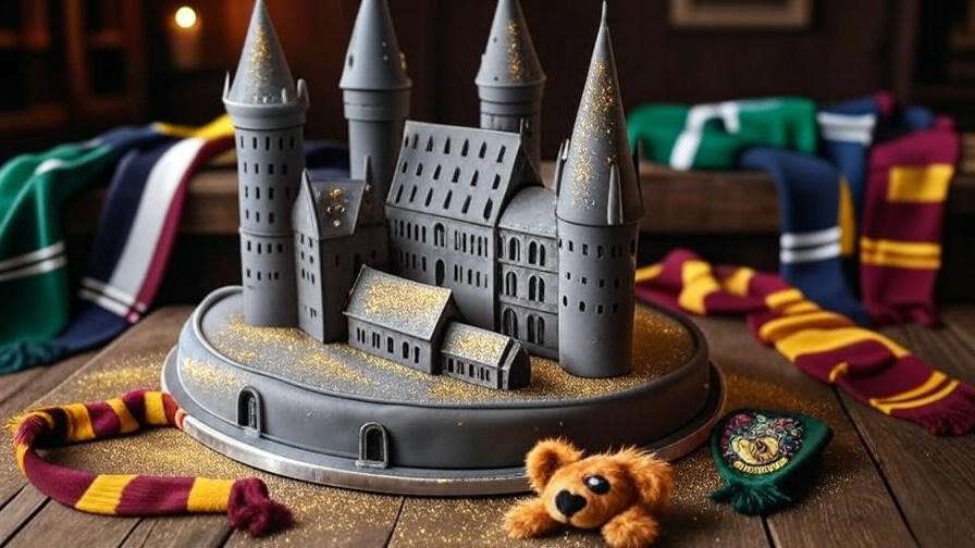 Close-up of a Harry Potter cake with a Hogwarts castle design, decorated with fondant and gold dust, surrounded by house scarves on a wooden table.