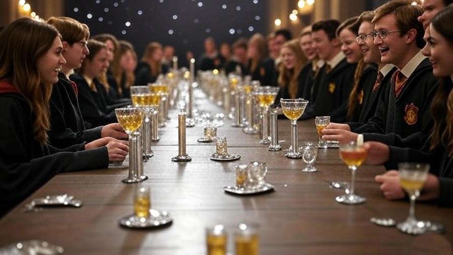 Festive Harry Potter gathering with silver candles, golden mocktails, and Hogwarts-robed guests.