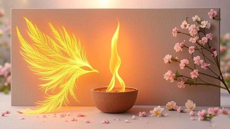 Phoenix-inspired vision board with feathers and flames, representing renewal and personal growth. 