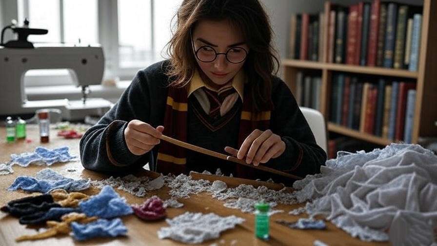 Cosplayer crafting a Harry Potter wand and potion vials in a creative workspace