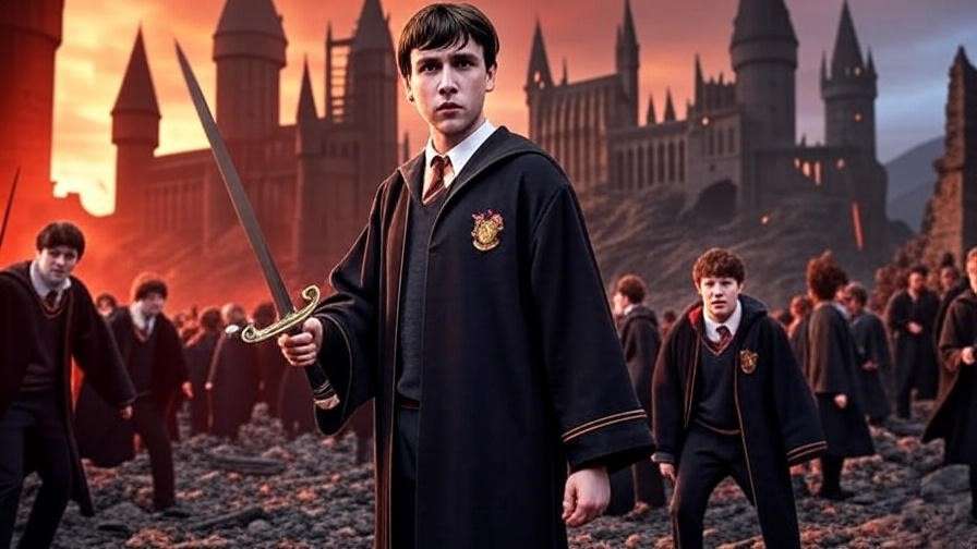 Inspiring image of Neville Longbottom with the Gryffindor sword, a heroic Harry Potter character in battle.