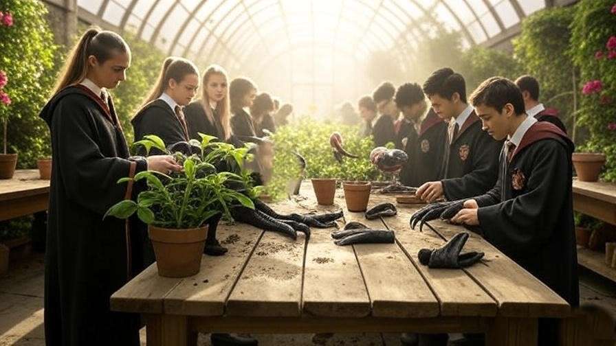 A Hogwarts Herbology class with students tending magical plants in a sunlit greenhouse, filled with enchanted flora and gardening tools. 