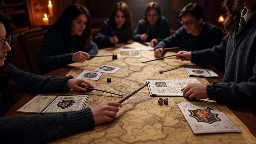 Tabletop Harry Potter roleplay setup with a Hogwarts map, dice, and character sheets, showcasing an immersive TTRPG experience. 