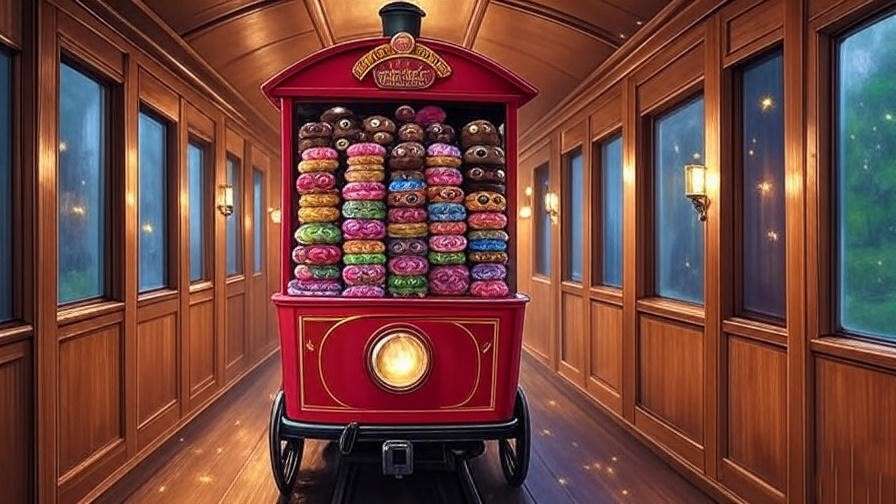 Hogwarts Express Food Trolley filled with magical sweets like Chocolate Frogs, gliding down a wood-paneled train corridor. 