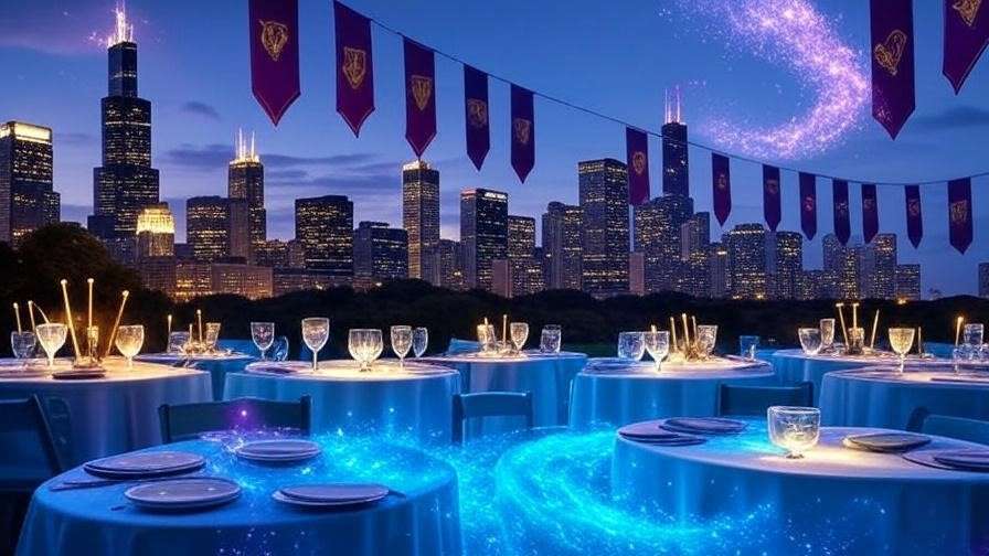 Chicago skyline at dusk with Harry Potter trivia night setup featuring wands and goblets for Vera Verto spell. 