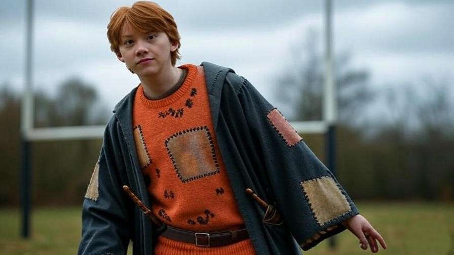 Ron Weasley cosplayer in patched robe and Chudley Cannons sweater on a Quidditch field with wand.