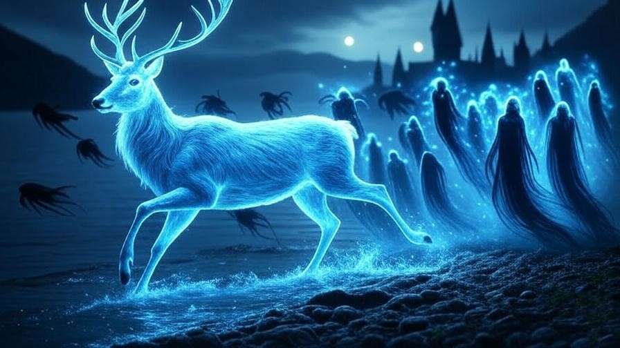 A glowing stag Patronus charging through a misty lake shore, dispersing Dementors, representing James Potter’s Prongs legacy in the Harry Potter universe. 