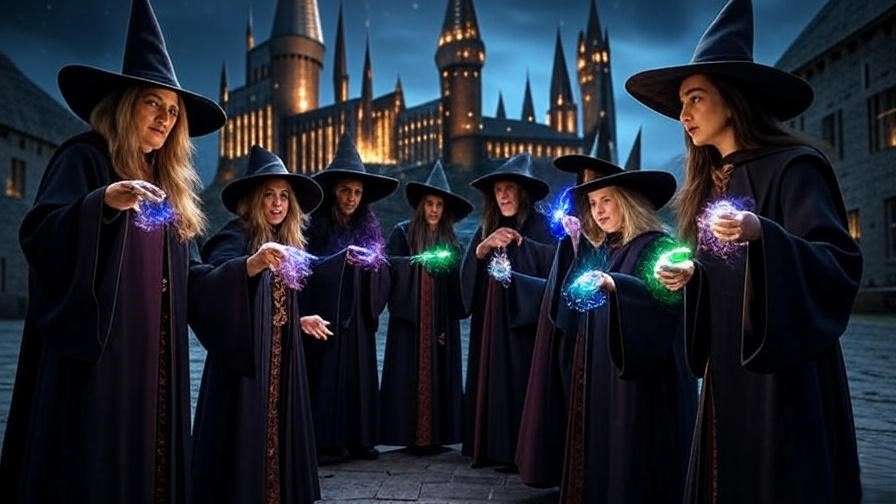 Order of Phoenix defending glowing Hogwarts castle with spells.