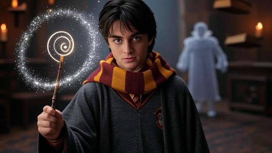 A young wizard casts a glowing protection spell against a fading clown figure in a Hogwarts common room, with a shimmering barrier and magical ambiance. 