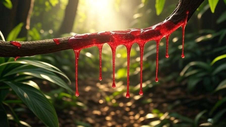 Close-up of red dragon’s blood resin on a Dracaena tree branch in a tropical forest, evoking the magical origins of dragon blood incense for Harry Potter fans.