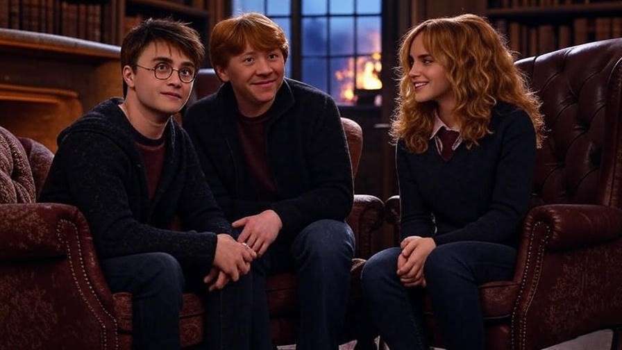 Harry Potter with Ron and Hermione, highlighting friendship in overcoming fears 