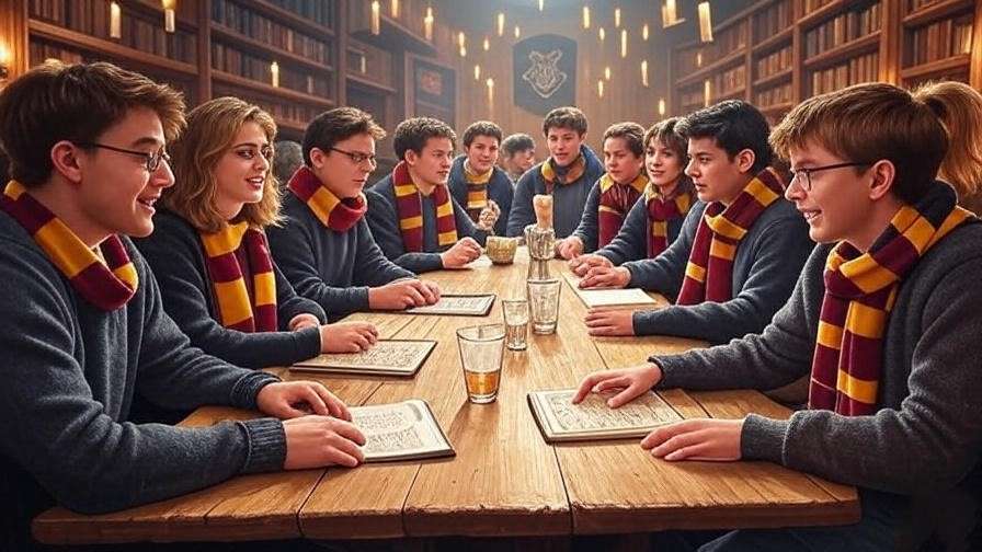 Lively Harry Potter-themed trivia night in a pub with teams in Hogwarts scarves, surrounded by floating candles and magical decor.