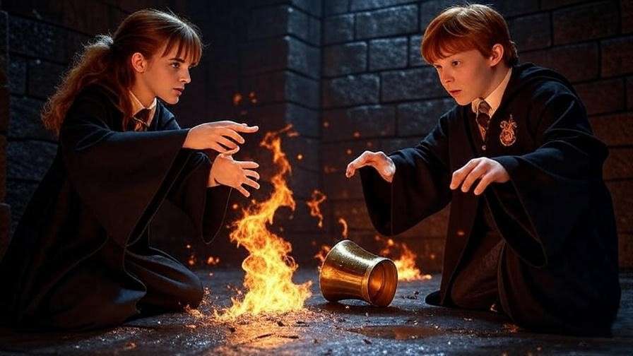 Hermione and Ron bravely destroying Hufflepuff’s Cup with Fiendfyre.