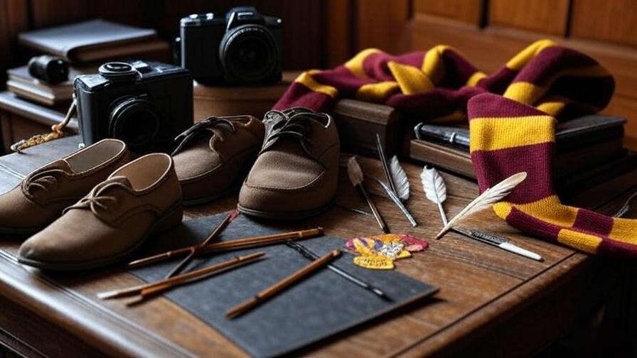Preparation desk with shoes, camera, quills, and Gryffindor scarf for Harry Potter Exhibition Boston visit.