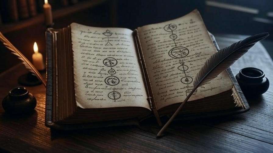 An ancient spellbook with handwritten notes and a quill, representing Severus Snape’s creations as the Half-Blood Prince in Harry Potter. 