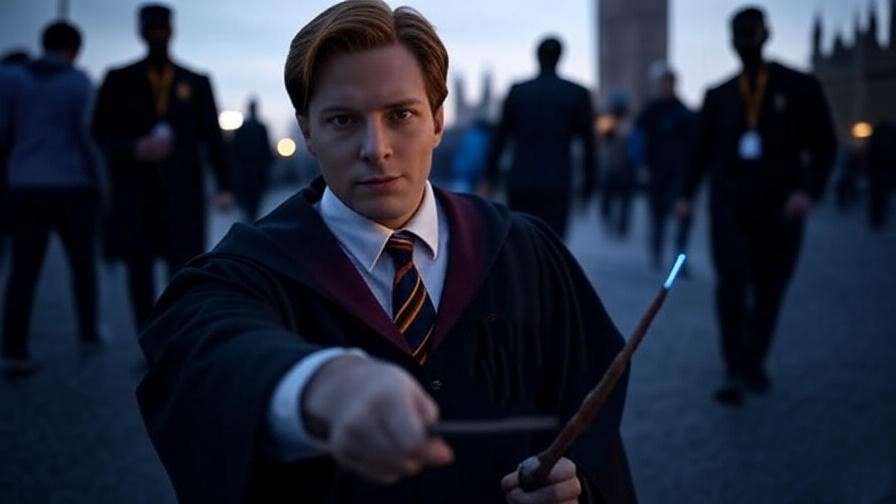 Ministry Obliviator cosplayer erasing Muggle memories after a magical incident