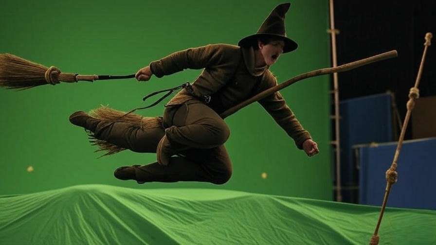 Behind-the-scenes stunt performer on a broomstick chase in a Harry Potter action scene with green screen.