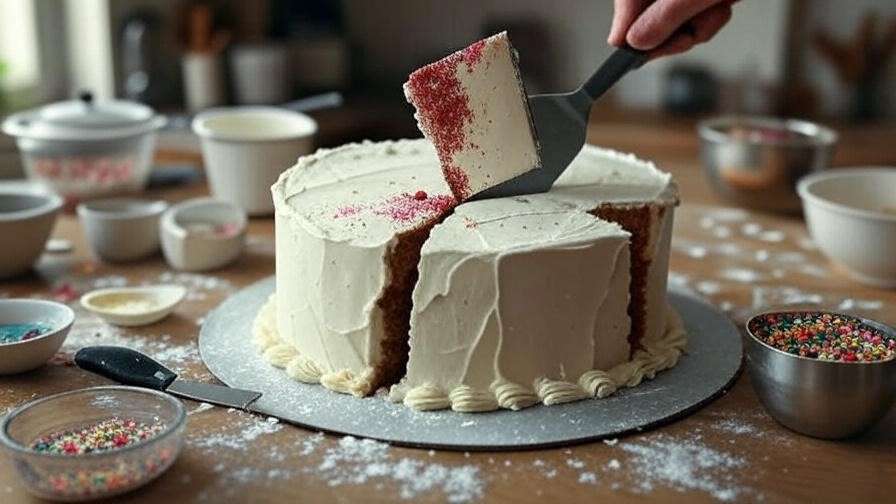 Troubleshooting Harry Potter cake issues with a cracked cake, uneven frosting, and color-bleeding fondant, surrounded by baking tools.