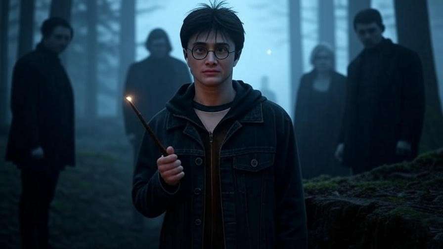 Cinematic scene of Harry Potter in a misty forest, showcasing vulnerability in JK Rowling’s character development. 