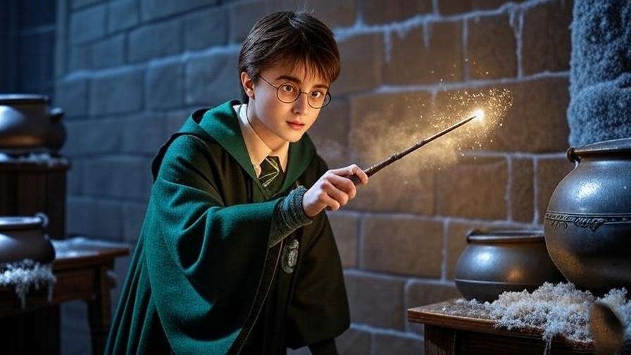 A Slytherin student casting a Warming Charm in a cold Hogwarts dungeon classroom, with a golden glow contrasting the icy stone walls and bubbling cauldrons, showcasing magical warmth. 