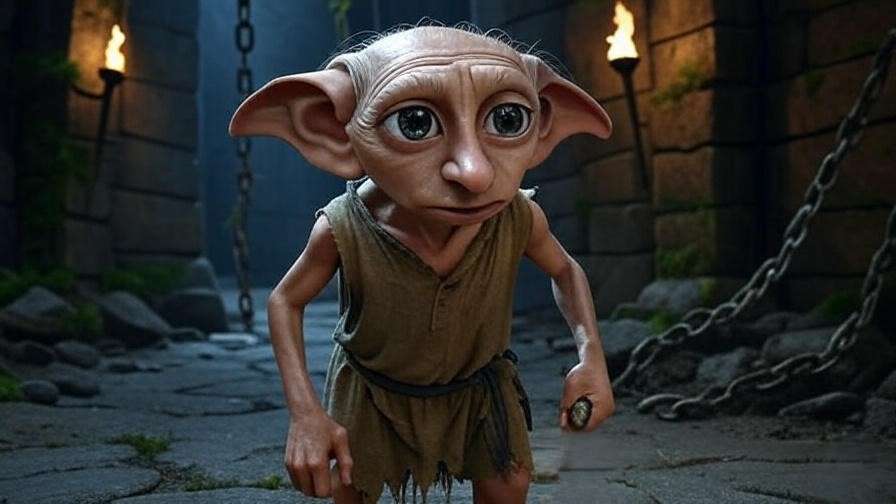 Dobby breaking chains in dungeon, symbolizing liberation and bravery.