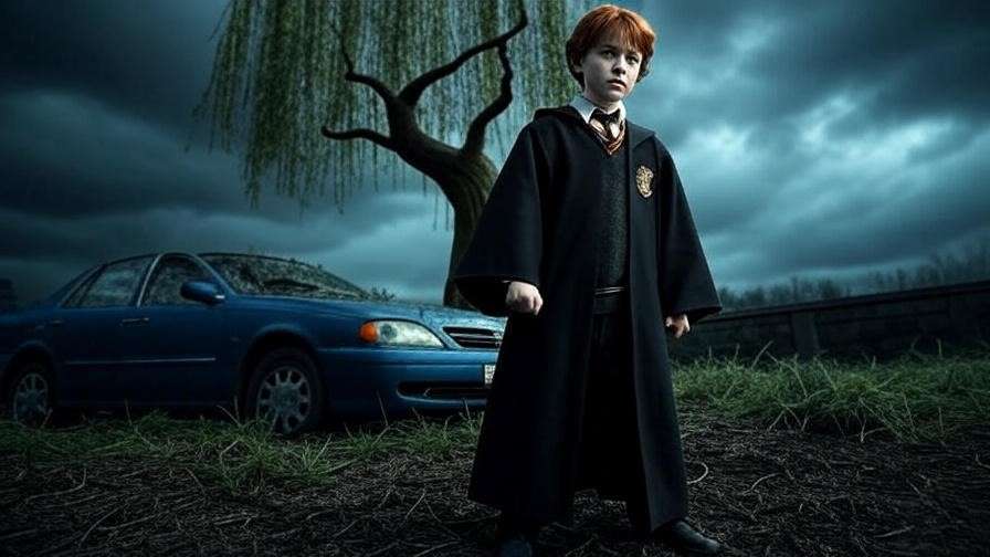 Ron Weasley showing courage against the Whomping Willow at Hogwarts.
