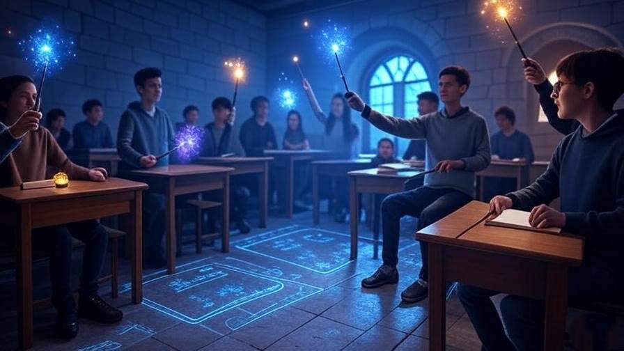 Hogwarts classroom with a glowing Pensieve and spell-casting, blending fantasy and sci-fi for the Harry Potter science fiction genre debate. 