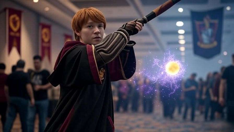 Cosplayer as Fred Weasley Quidditch Beater swinging a bat at a convention in Chicago. 
