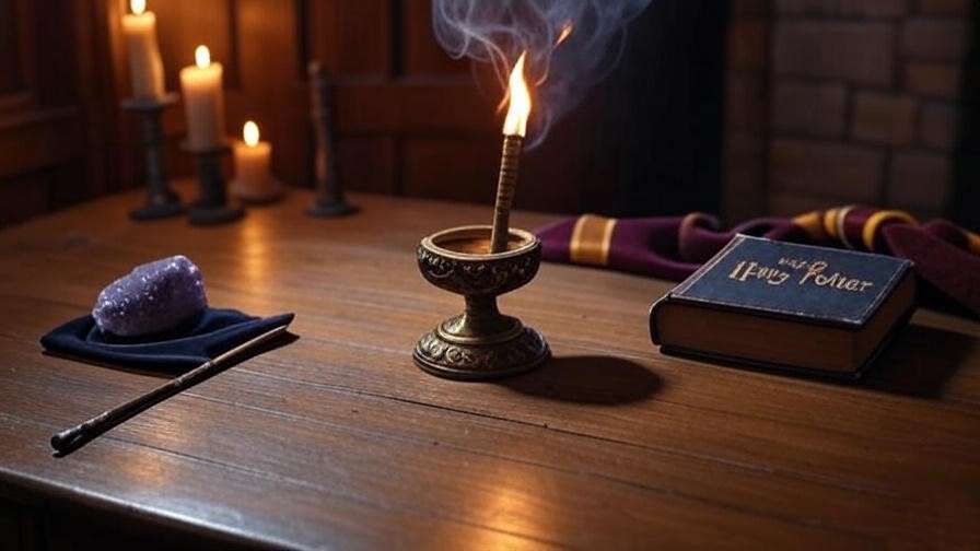 Hogwarts-inspired meditation setup with burning dragon blood incense, candles, and a Harry Potter book, showcasing spiritual benefits for Potter fans.