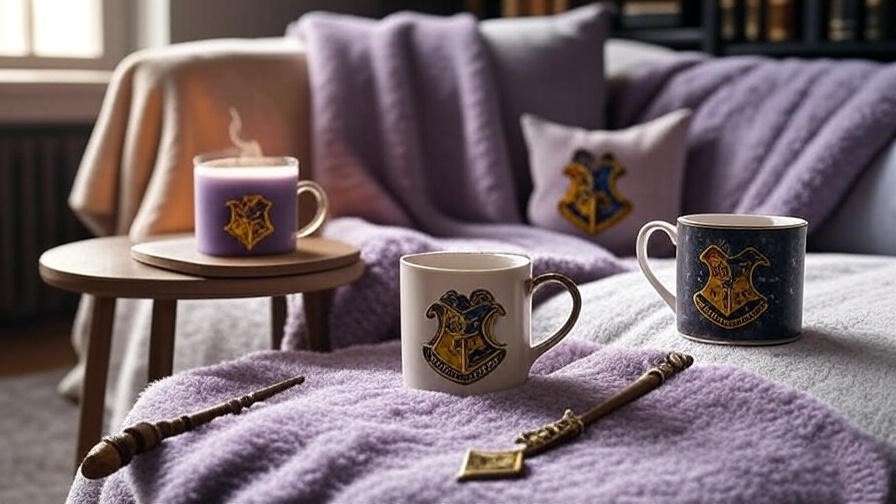 A cozy living room with ginseng tea, a lavender candle, and a throw blanket, featuring subtle Harry Potter touches for a Muggle **liquid spell** ritual. 